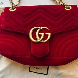 Gucci Velvet Matelasse Medium GG Marmont Shoulder Bag Hibiscus Red